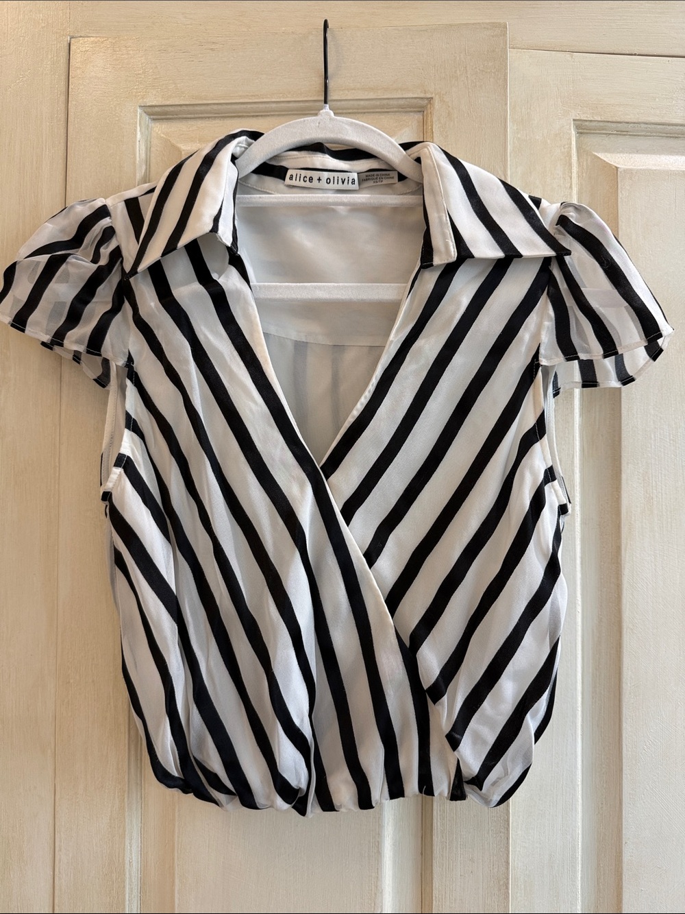 Alice + Olivia Black and White Diagonal Stripe Wrap Top